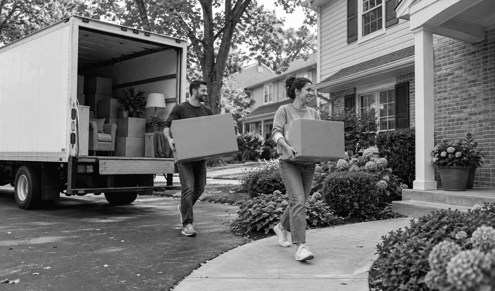 Two people carrying boxes beside a moving truck in a suburban driveway