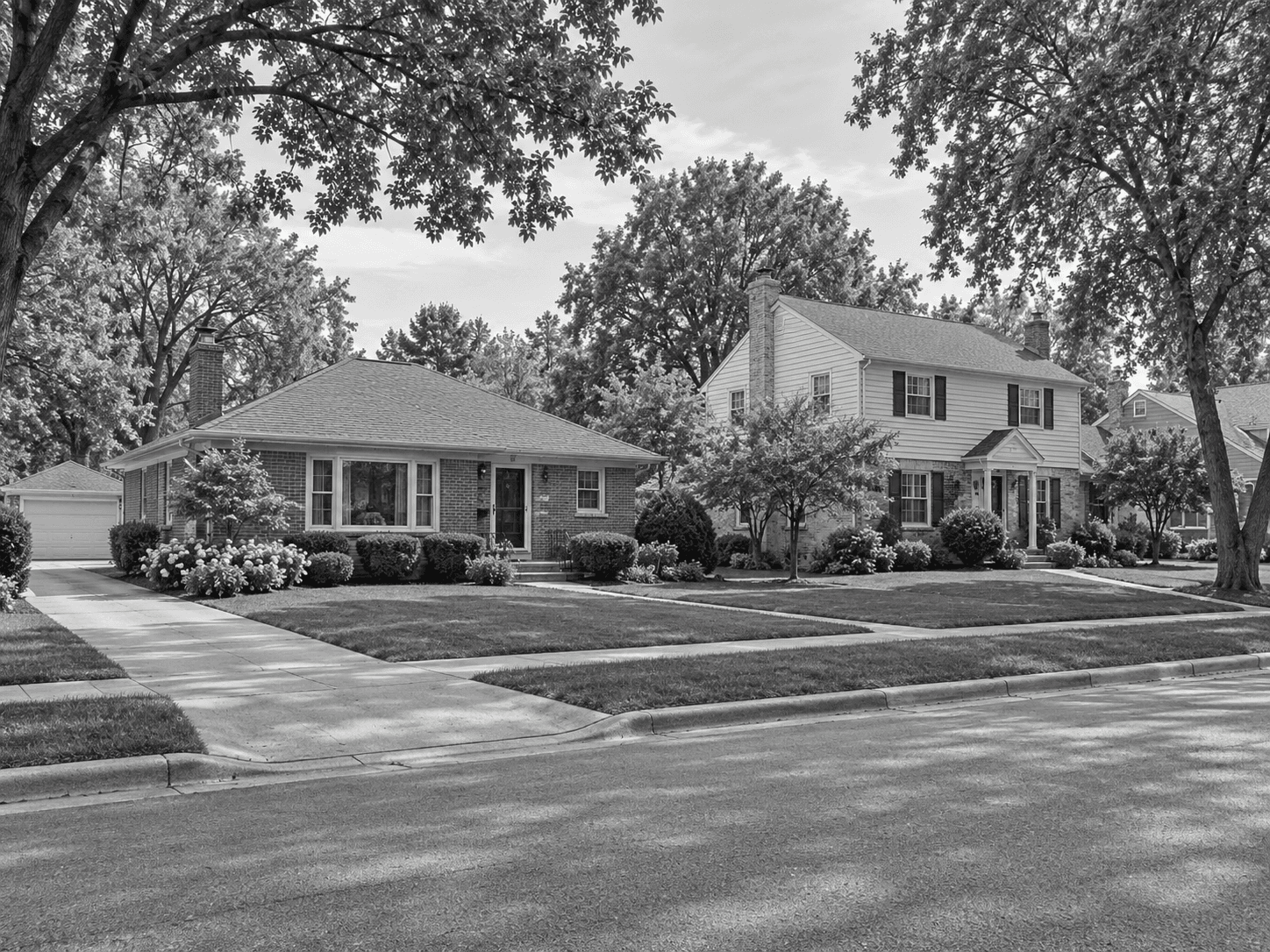 Detached homes with lawns and mature trees along a suburban street